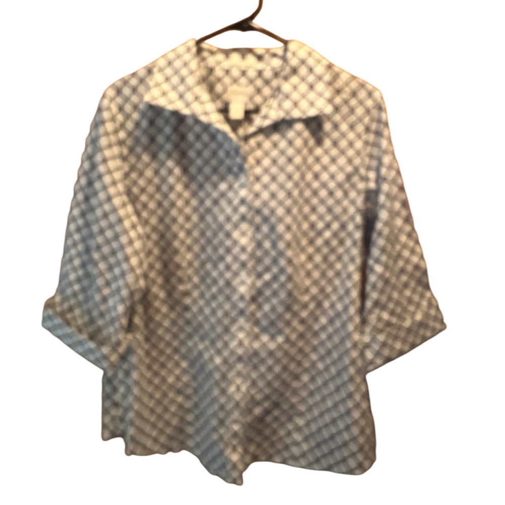 Chicos No Iron Button Down Shirt Womens 2 L Black White Geometric 3/4 Sleeve‎